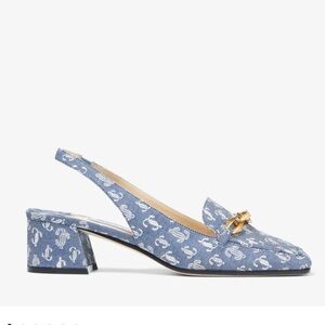 Jimmy Choo Denim JC Monogram Sling Back Pumps with Chain Embellishment